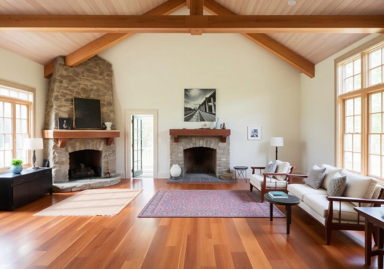 Renovated Hudson Valley farmhouse interior with stone fireplace