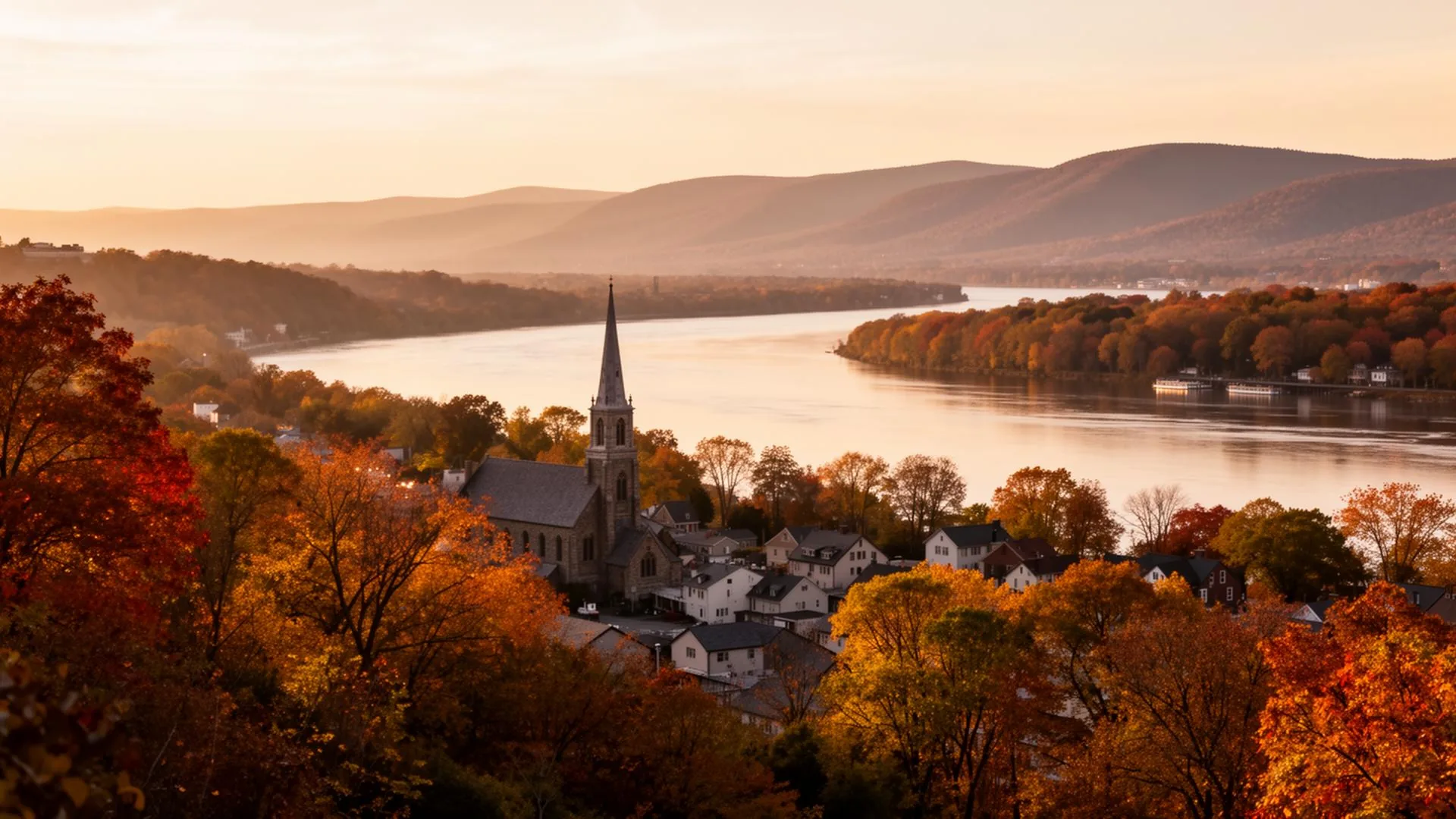 Hudson River at golden hour with a Hudson Valley village and the Catskills in the distance